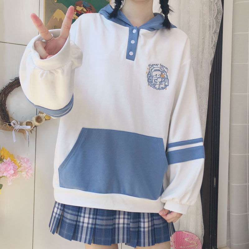 

New Deeptown Kawaii Hoodies Winter 2021 Embroidery Pullover Women Long Sleeve Plus Veet Warm Cute Casual Sweatshirt H908, White