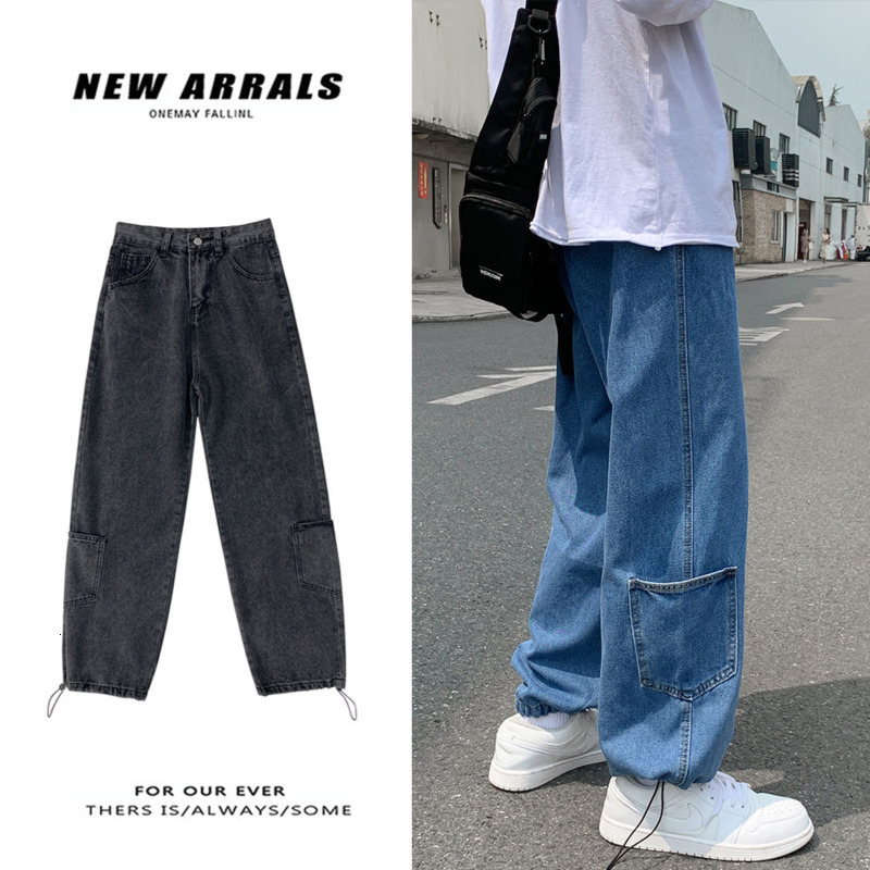 

2021 New Korean Style Straight Men's Fashion Casual Retro Jeans Men Streetwear Wild Loose Hip-hop Multi-pocket Denim Trousers Mens Fc9v, Dark gray