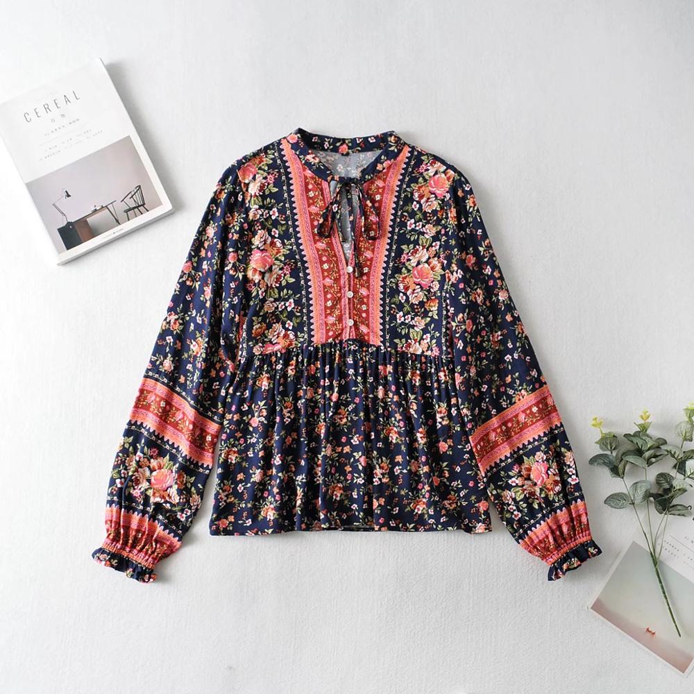 

Bohemia Bandage Open buttons V neck Floral Print Women Shirt Holiday Contrast color Loose Long Sleeve Blouse Tops Beach 1 set, Red