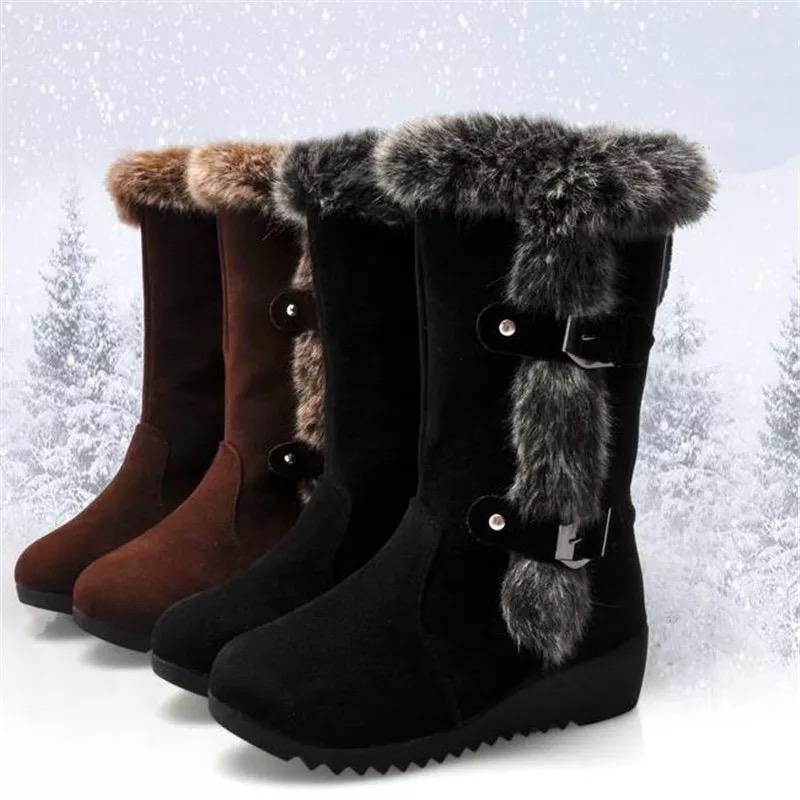 

Boots Women Mid-Calf 2021 Winter Fur Snow Fashion Brand Ladies Shoes Slip On Buckle Wedges Plus Size 35-42, Brown