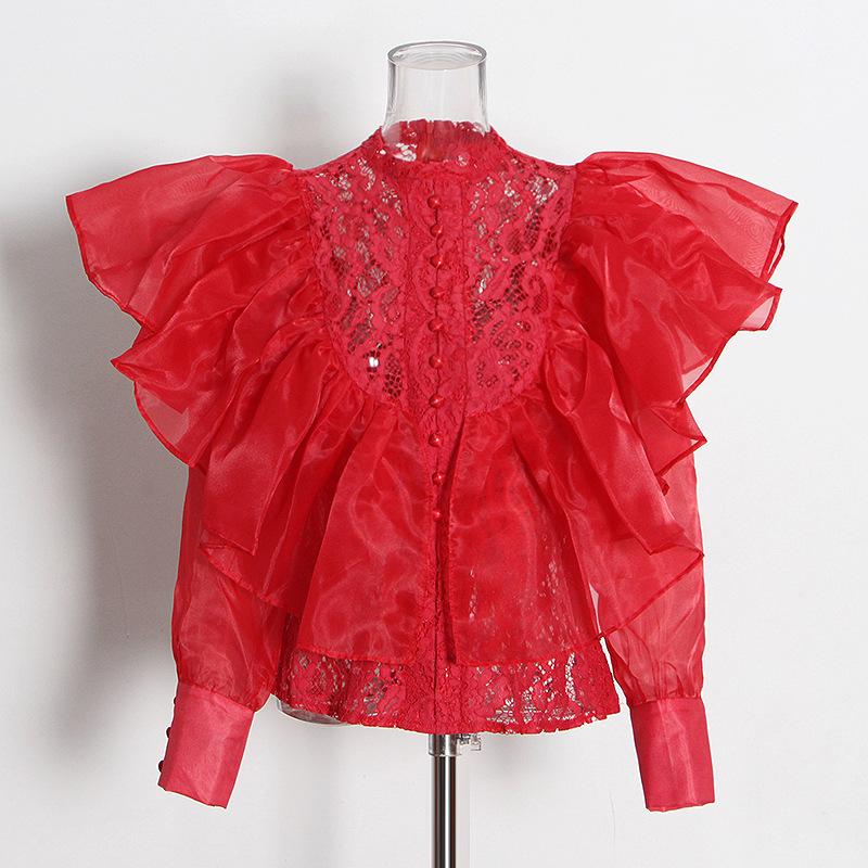 

Women's Blouses & Shirts Red Sexy Lace Stitching Button Top Blouse White 2022 Spring O-Neck Buttoned Ruffles Short Shirt Brand Clothes