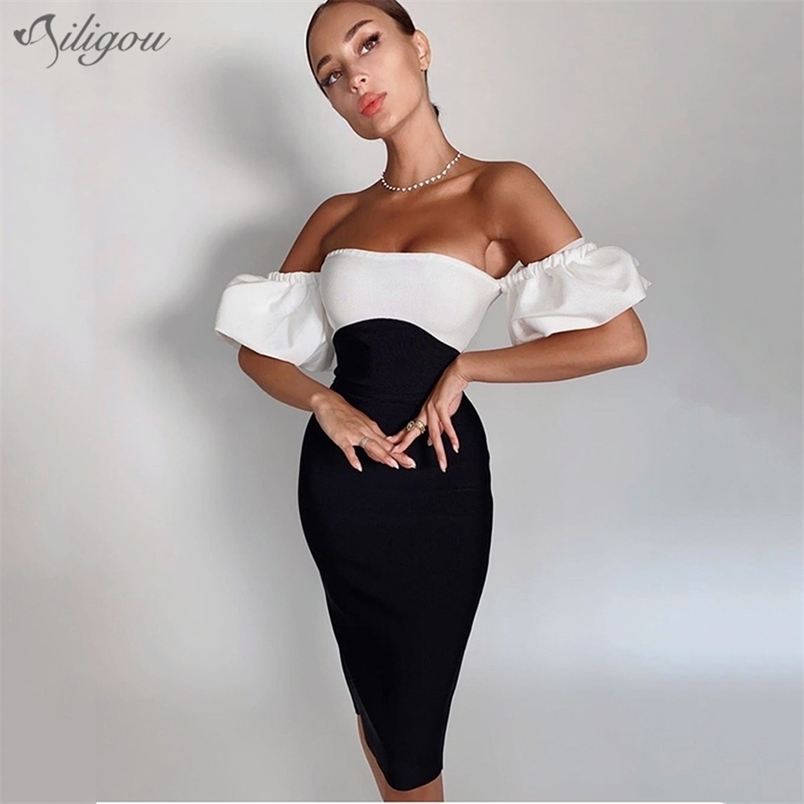 

Arrival White Black Color Matching Off Shoulder Knee Length Bandage Dress Sexy Fashion Celebrity Bandagem Vestios 210525, Beige