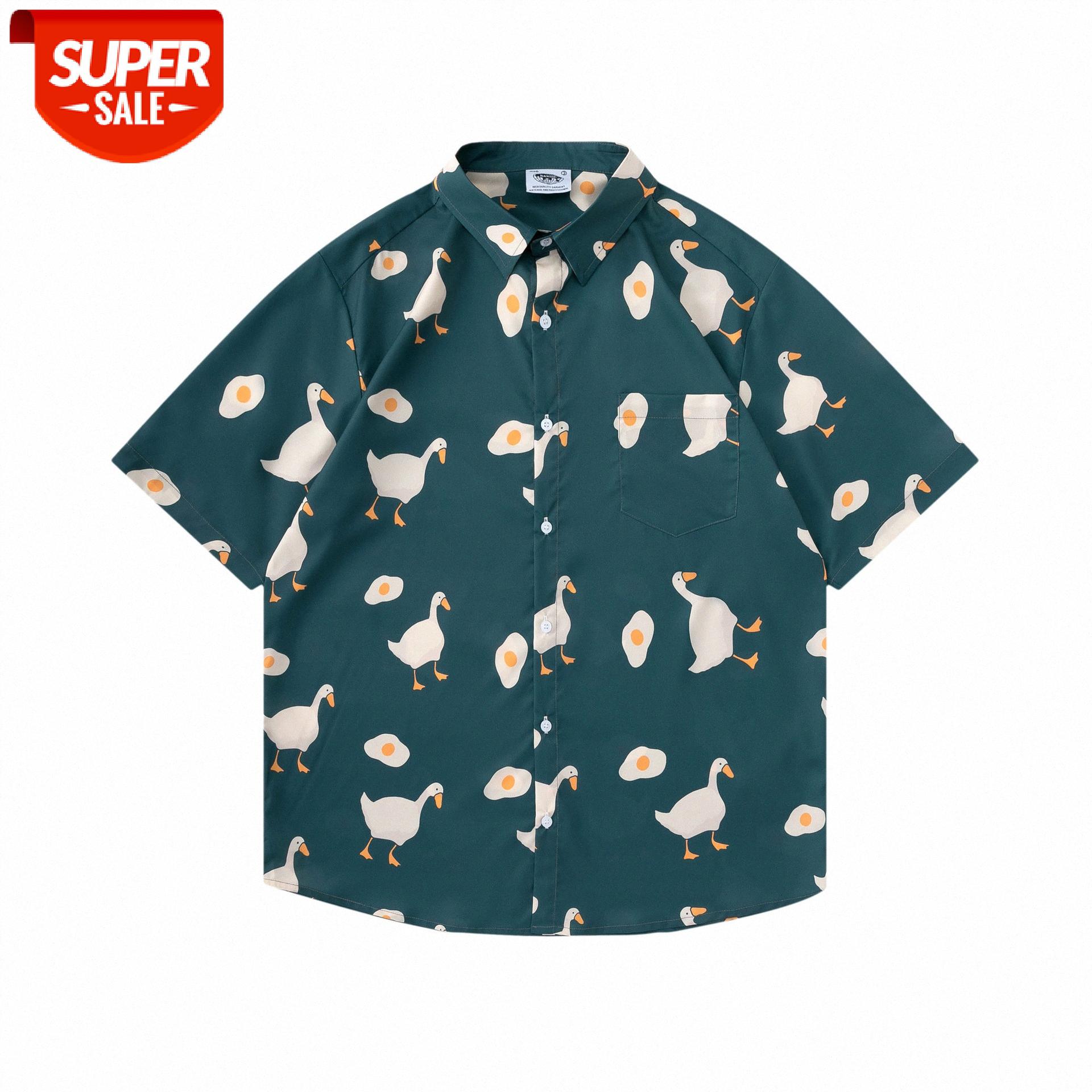 

Flower Short Sleeve Shirt Fun Duck Fried Eggs Full Printed Retro Loose Men #N95j, White;black