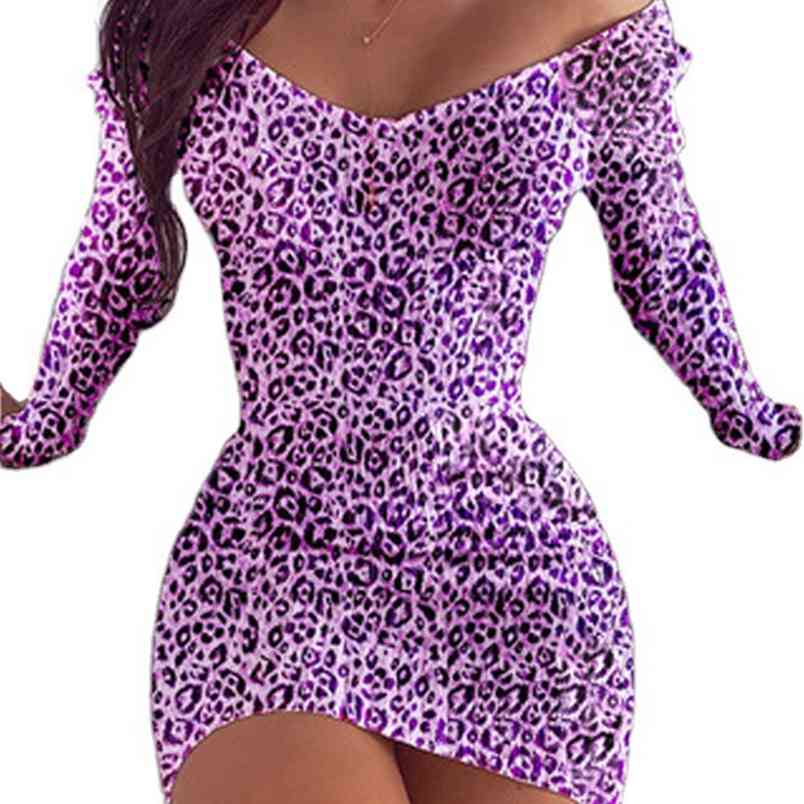

Leopard Print V-neck Long Sleeve Short Dress Ladies Brown Casual Bodycon Mini Sexy Club Wear Plus Size Womens Summer 210604, Blue