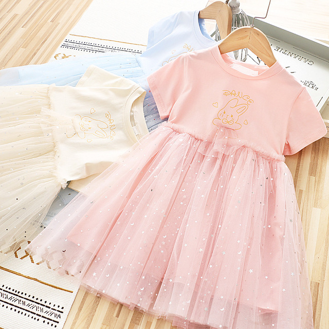 

Girls Bunny Ear Short Sleeves Tulle Dresses Summer 2021 Kids Boutique Clothing Korean 2-7T Girls Cotton Dresses High Quality, Red;yellow