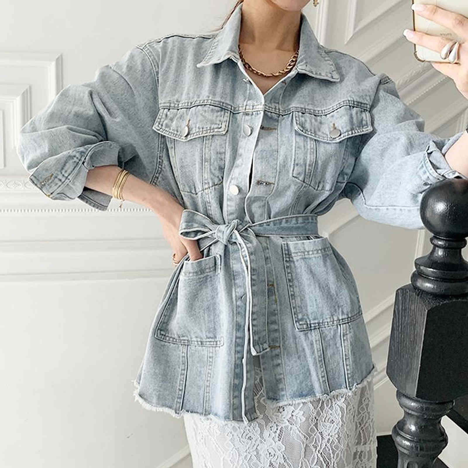 

Women's Jackets Camisas do vintage denim jaquetas com cinto feminino outono solto bolsos casuais manga cheia jeans casacos femininos outerwear v761 60PC, 1# shoe box