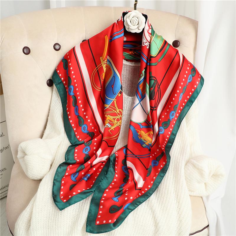 

Scarves Women Square Silk Scarf Hijab Luxury Musilm Shawl Wrap Print Bandana Neckerchief 2021 Design Under Foulard 90*90cm