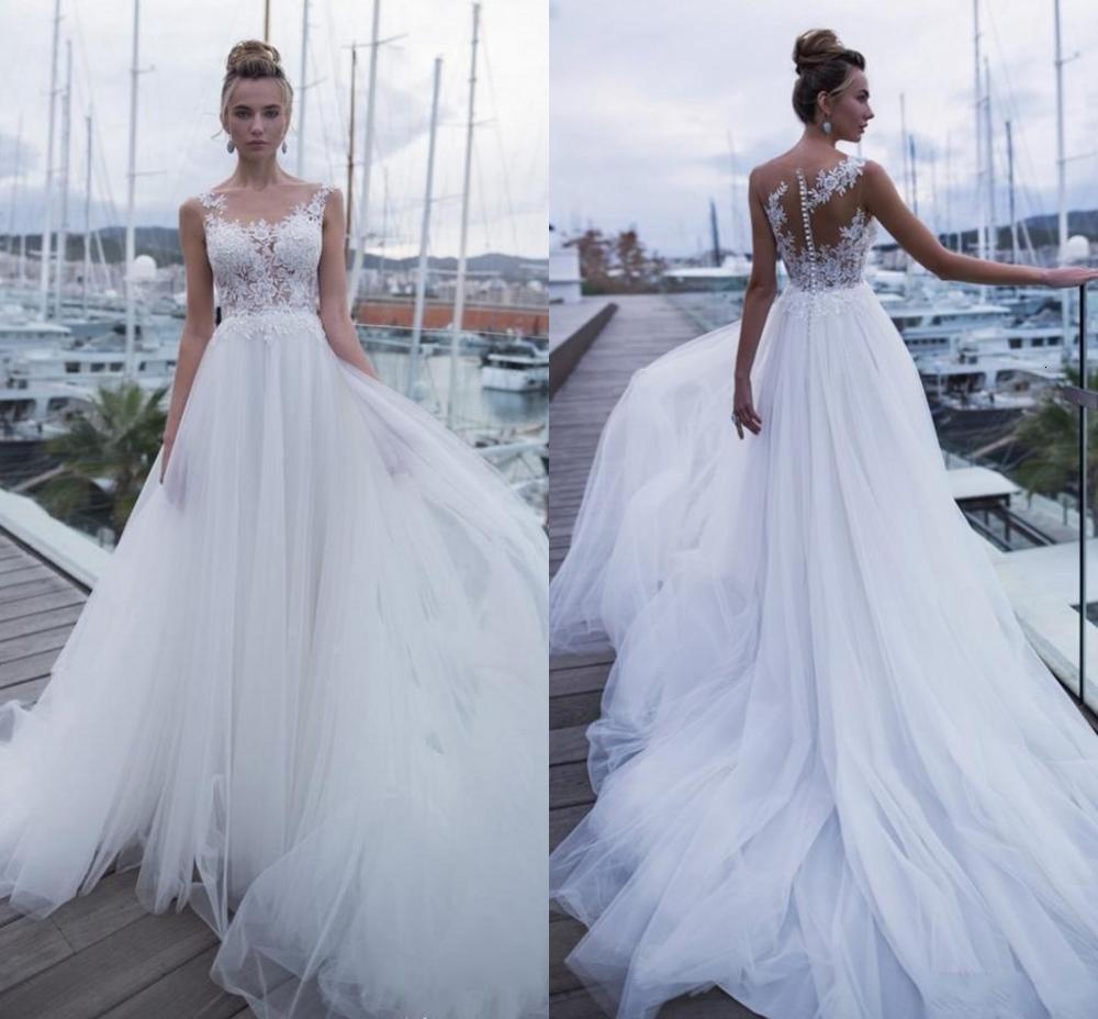 

2021 New Elegant Bohemian Sheer Neck Lace Beach Es Tulle Applique Bridal Wedding Gowns Vestidos De Novia 4p9l, White