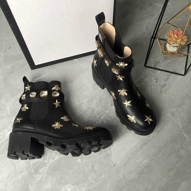 

Flamingo Leather Ankle Boots: Chunky Heel Winter Fashion for Women | Luxury Classic Bee Design Ideal for Work, Black diamond
