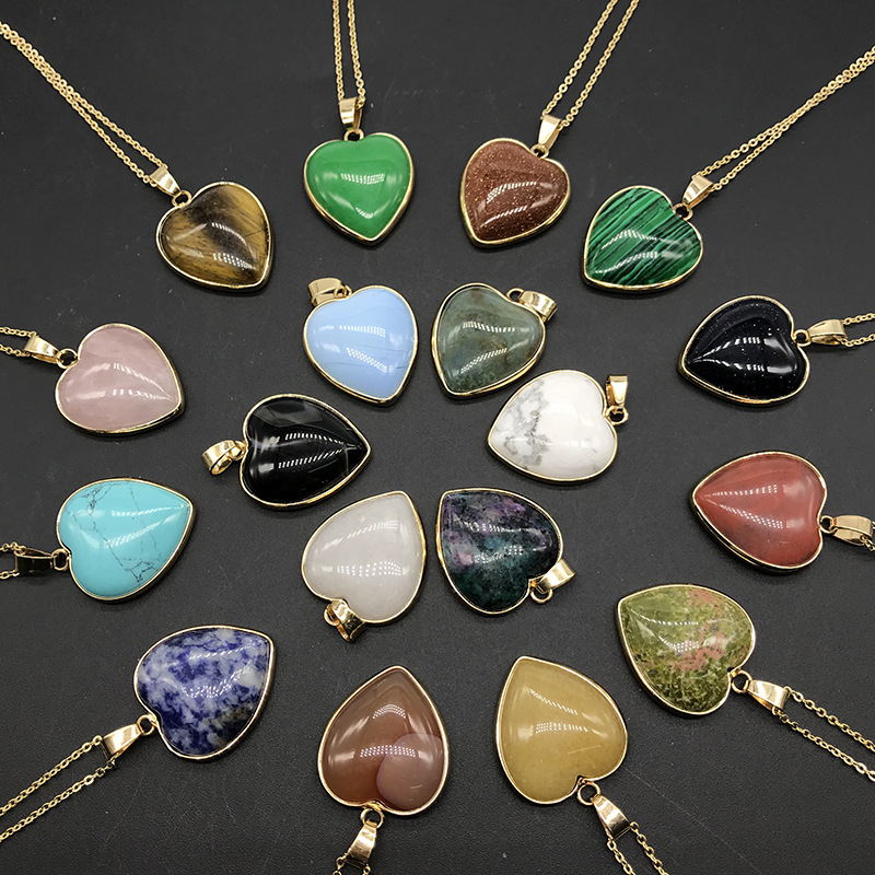 

Gold Heart Shape Healing Reiki Stone Pendant Women Jade crystal semi-precious agate Necklace energy Jewelry