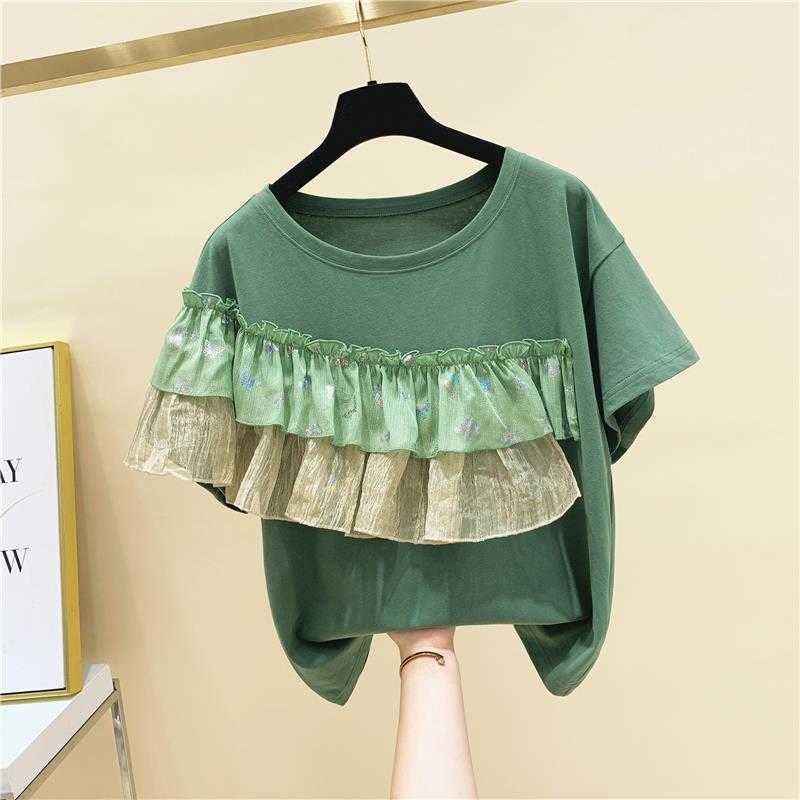 

Mesh Patchwork Ruffled Loose Short-sleeved O Neck T-shirt Women' Jacket Summer Tops 210615, Green