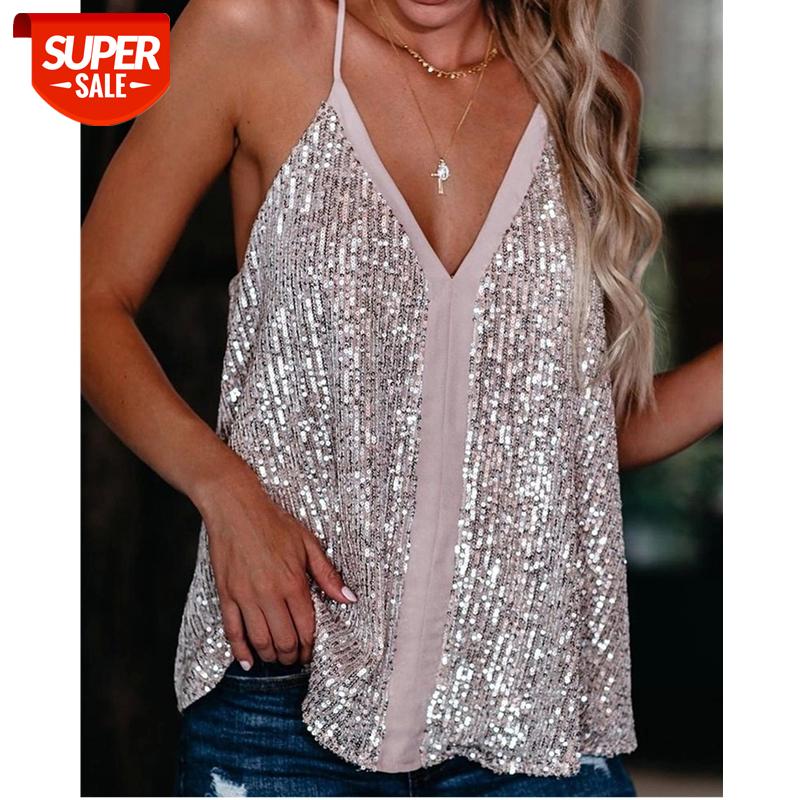 

2020 Summer Women Camisole Casual V Neck Sequins Strappy Tank Top Vest sleeveless Solid Blouse Tee Female Clothing #Yx4K, White