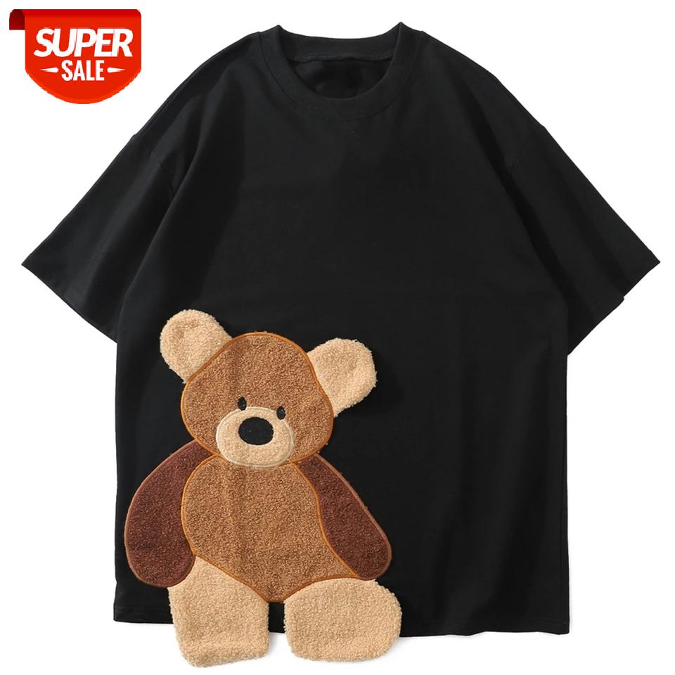 

2021 Harajuku T-Shirt Mens Hip Hop Streetwear Bear Three-Dimensional Embroidery Tshirts Loose Cotton Short Sleeve Summer #gb4i, Black