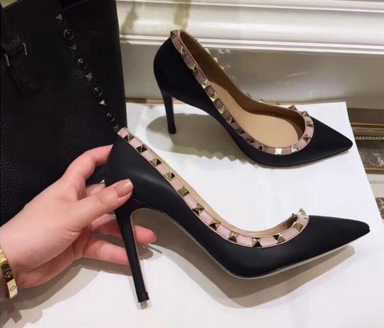 

V brand pumps women high heels shoes with rivets 8cm 10cm thin heel genuine leather pointed toe wedding shoe 34-44 dust bag, All white matte