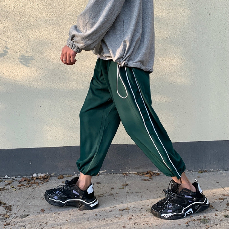 

2021 New Men's Stripe Printing Leisure Ankle Banded Gym Casual Loose Wide Leg Pants Black/green Color Jogger Sweatpants M- Q2un