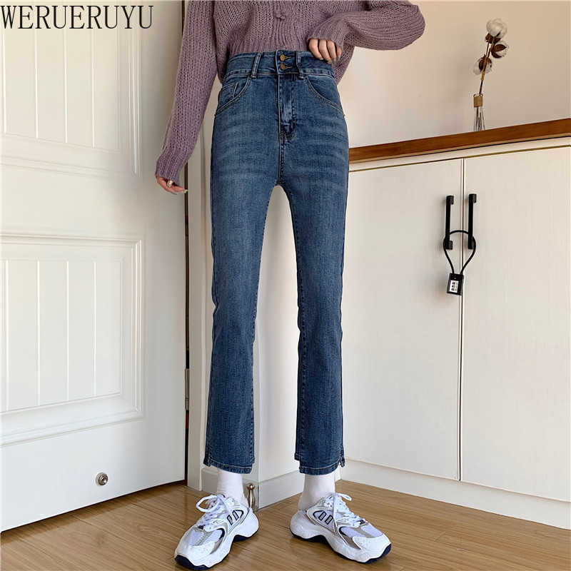 

WERUERUYU jeans women's high-waisted jeans micro-flared jeans solid color straight flared pants Jean denim trousers 210608, Photo color