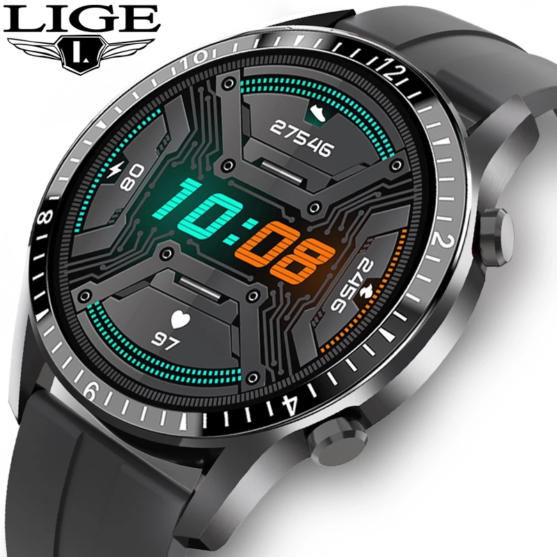 

LIGE 2021 fashion Full circle touch screen Mens Smart Watches IP67 Waterproof Sports Fitness Watch Luxury Smart Watch for meng, Silicone black