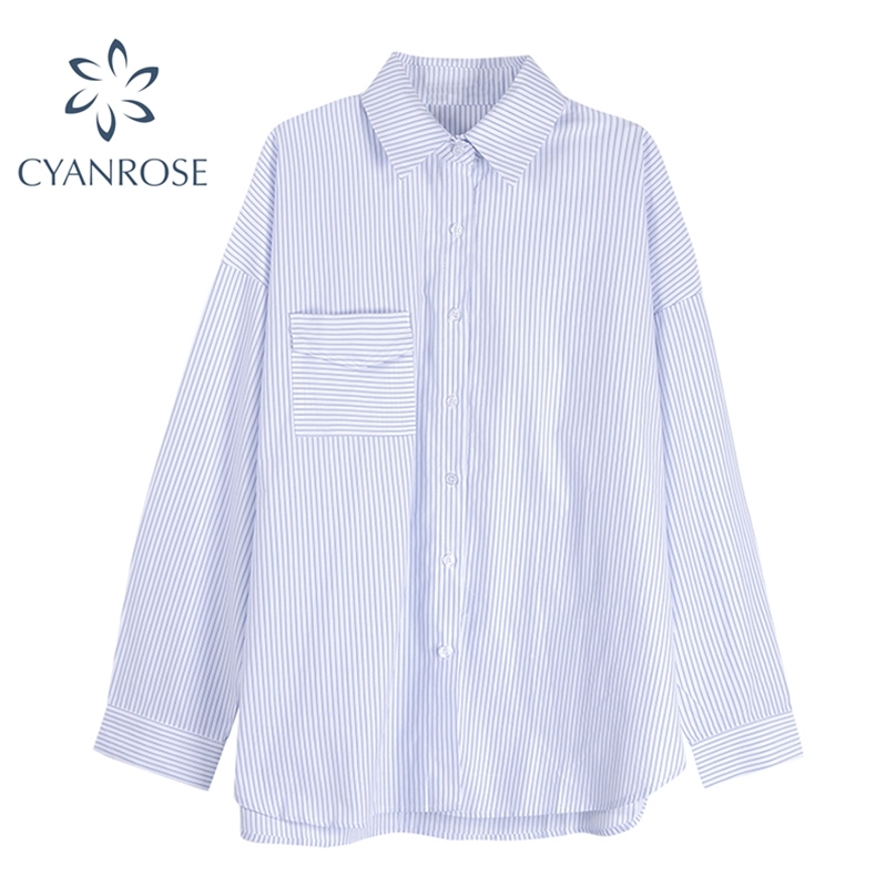 

Spring Autumn Women Shirts Stripe Long Sleeve Casual Oversized Blouses Female Tops Loose BF Korean Style Blusas Pockets 210719, Blue