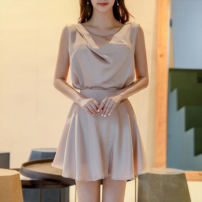 

arrival fashion set summer womens tracksuits sleeveless fresh shirt and a line skirt office lady simple trend vintage two, Gray