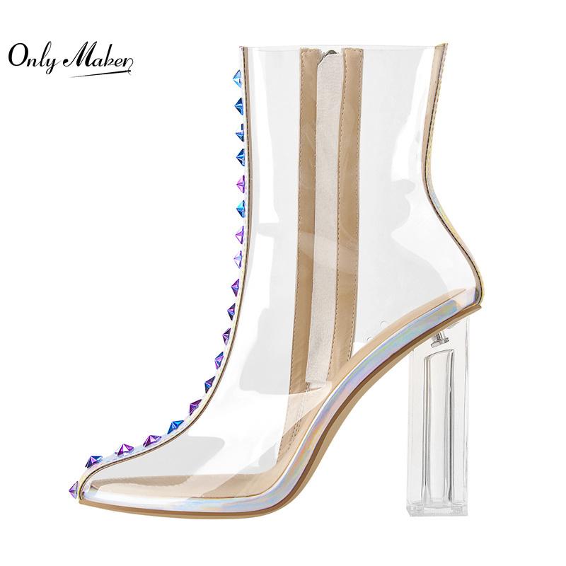 

Boots Onlymaker Pointed Toe Woman High Heels Zipper Transparent Square Heel Mid-Calf Rhinestone Big Size, Black