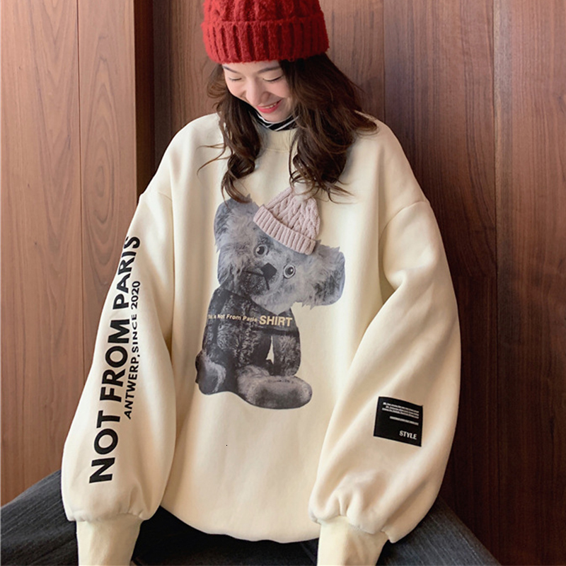 

2021 New Gray Bear Print Fleece Warm Winter Tops Women Oversized Crewneck Sweatshirt Loose Casual Harajuku Kawaii Teens Girls Gzku, Thick