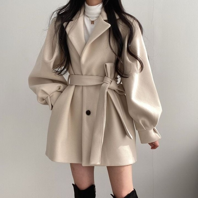 Women Solid Wool Blend Coat Slim Fit Belt Coats Female Warm Plus Cotton Thicker V-neck Office Lady Elegant Trendy Button Outwear