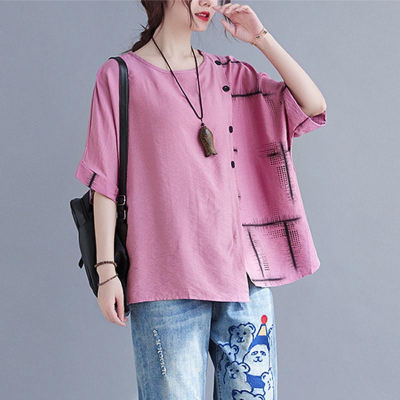 

Women's Blouses & Shirts 2021 Arrival Summer Korean Style Women Loose O-neck Short Sleeve Blouse Print Patchwork Cotton Linen Casual P33, Pink