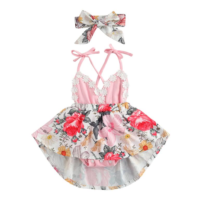 

Rompers 2Pcs Baby Summer Outfit, Floral Lace-Up V-Neck Sleeveless Backless Strappy Romper + Hairband For Toddler Girls, 0-24 Months, Blue