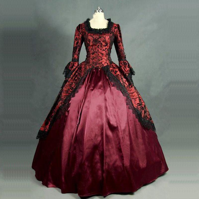 

Casual Dresses Can Be Custom 2021 Red Floral Print Lace Gothic Victorian Historical Halloween Masquerade Party Ball Gowns Clothing, As picture