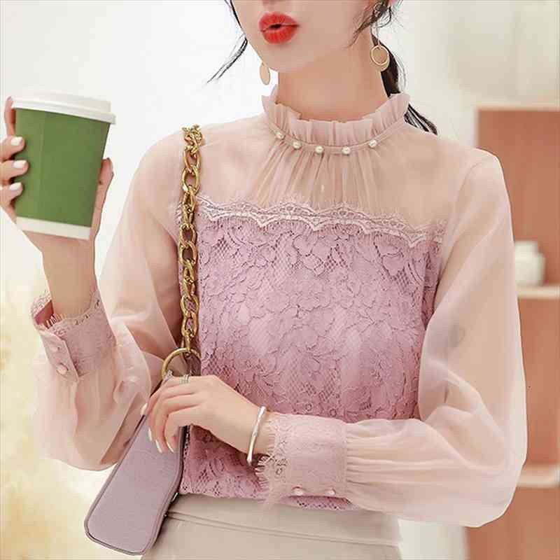 

Pullover Pink Spring Lace Chiffon Women Blouses Nail Bead Elegant Long Sleeve Ruffle Sexy Mesh 615b, White