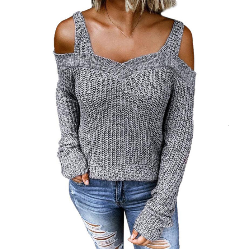 

2021 New Women' Spring Autumn Knitted Sweater Sexy Sling Strapless Solid Color Casual Long-sleeved Warm Tops Sweaters 7gma, Gray