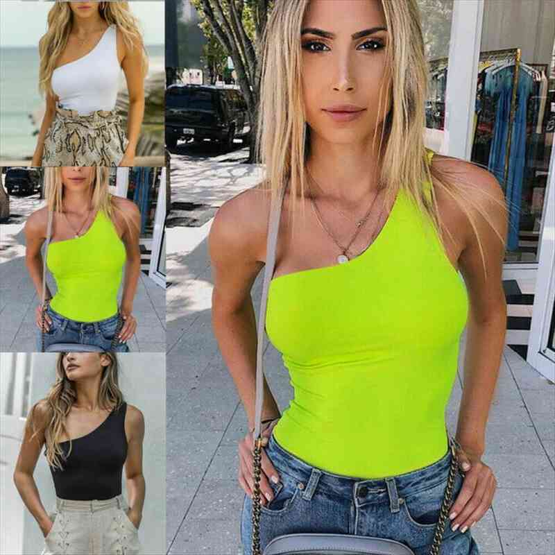 

summer one shoulder off bodysuit woman sleeveless halter body women neon green black bodycon jumpsuit summer, Black;white