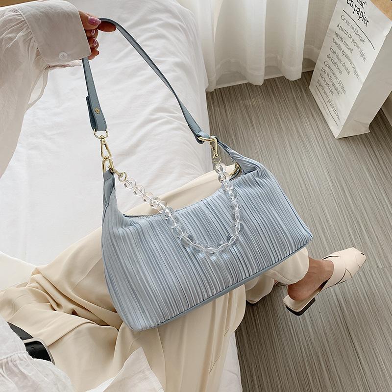 

Fashion Silk Folds Women Handbag Brands Designer Beads Chain Women's Shoulder Bag Casual Solid Baguette Bags for Women 2021 New, Blue