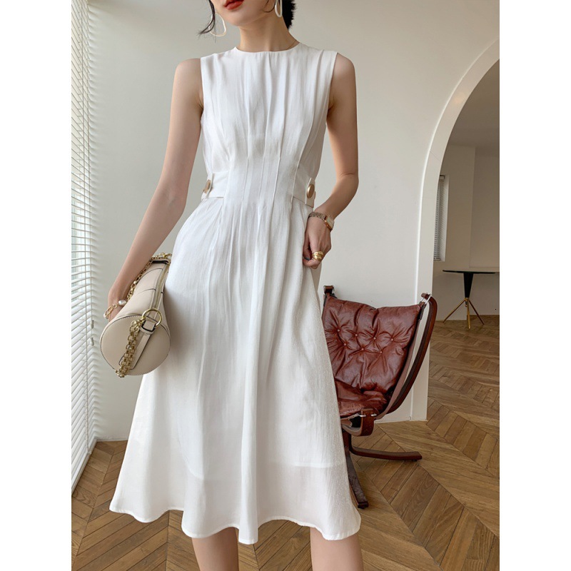 

2021 Will See Sleeveless Women Wearing Thin Neck High Waist Dress Elegant White Woman Midi Dresses Toso, Short sleeve.