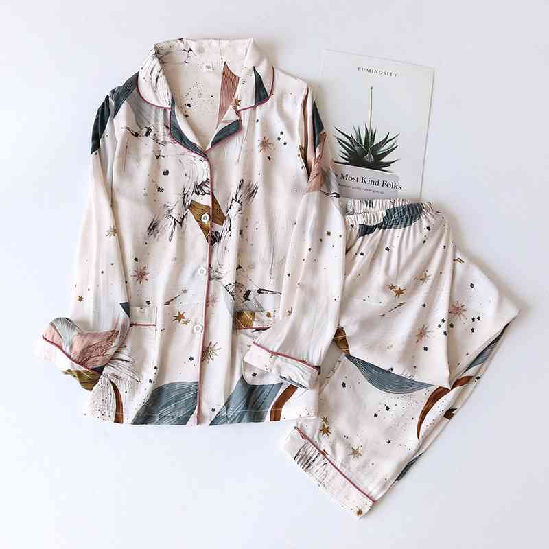 

Spring / Summer 100% viscose long-sleeved trousers ladies pajamas suit simple style long pajamas women's home service 210708, Short geometric bird