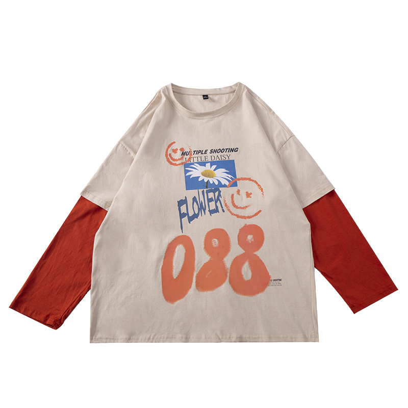 

Autumn Spring Cotton T-shirts Men Fake Two Pieces Casual Fashion Long Sleeve O-neckFor Man Graffiti Top Tees, Sky blue