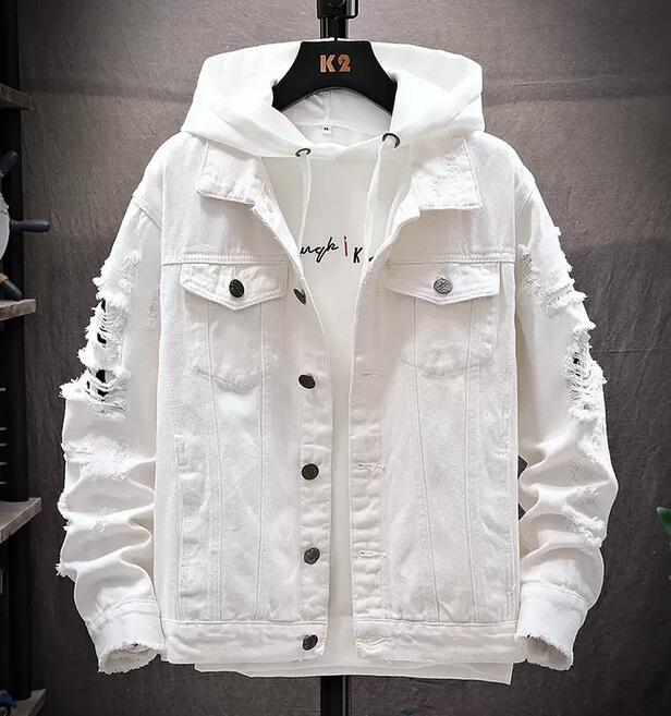 

Mens Jackets Hole Sleeves Trend Mens Clothing Autumn and Winter Fashion Classic Retro Denim Jacket Ripped Large Size M-3XL, White