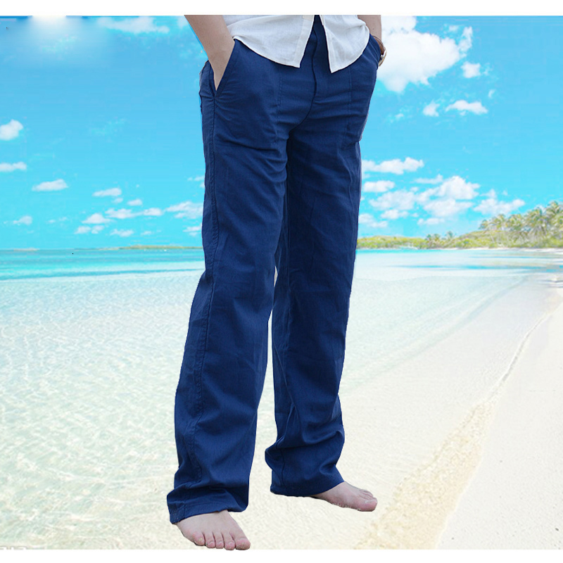 

2021 New Top Quality Men's Summer Casual Natural Cotton Trousers White Linen Elastic Waist Straight Man's Pants 1m6w