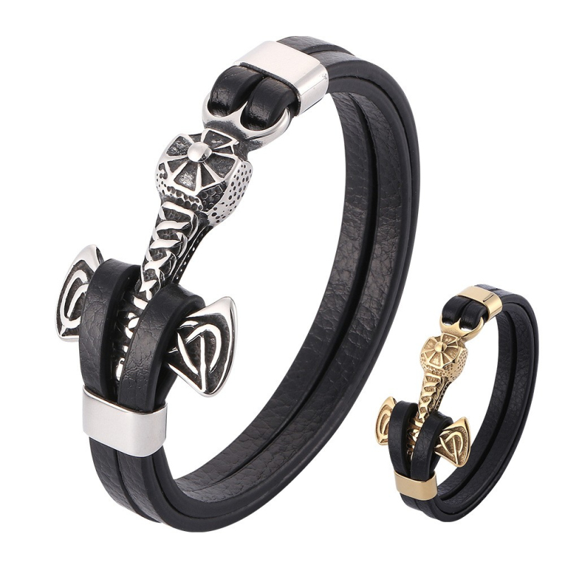 

Gold and Silver Stainless Steel Anchor Charm Double Layered Black Leather Bracelet