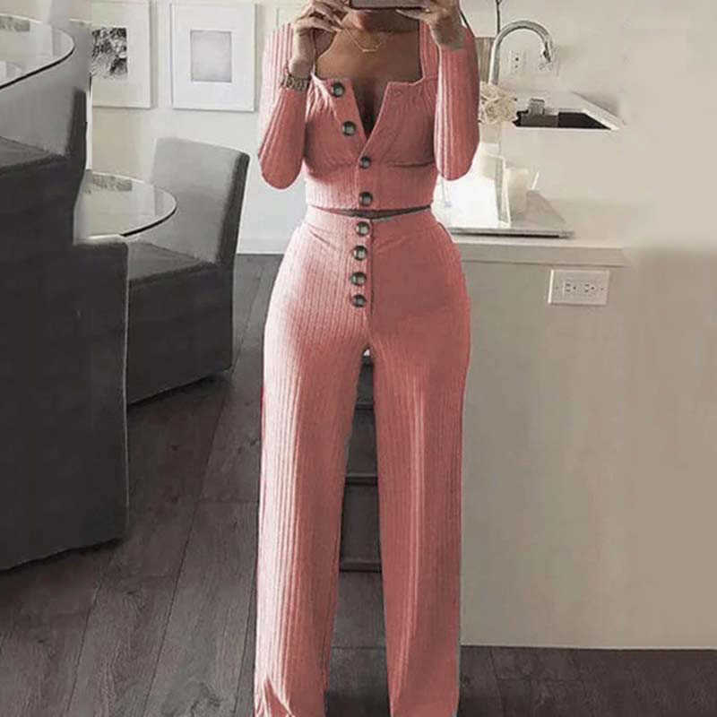 

2020 Autumn Knitted Lounge Set Women Ribbed Lounge Wear Loungewear Ladies Button Long Sleeve Tracksuit Women Two Piece Outfits Y0625, Yellow