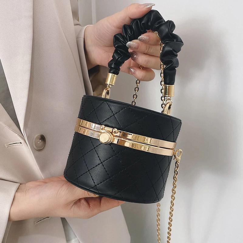 

Small Bucket Bags Women PU Leather Designer Handbag Female Chain Shoulder Messenger Bags Ladies Lattice Round Box Bag, Black