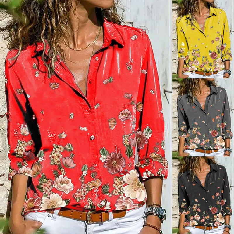 

2021 New Women's Deep v Neck Shirts Tops Woman Elegant Printed Female Shirt Fall Retro Floral Long Sleeve Top Ladies Blouses Asux, Gold