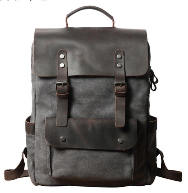 

Waterproof Canvas Vintage Backpack Men Large Travel Rucksack Laptop Bag Real Cow Leather Bagpack College Students School Bookbag, Sky blue