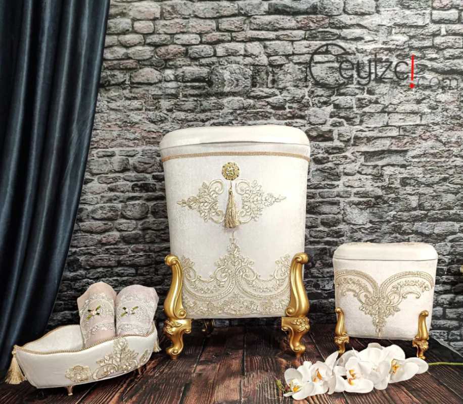 

White Bathroom Chest Bathroom Basket Gold Color Embroidered, Siyah