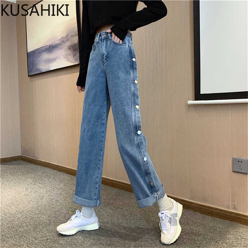 

KUSAHIKI Korean Buttons Demin Wide Leg Pants High Waist Causal Long Trousers Spring Women Jeans Pants Mujer 6F155 210602, Blue