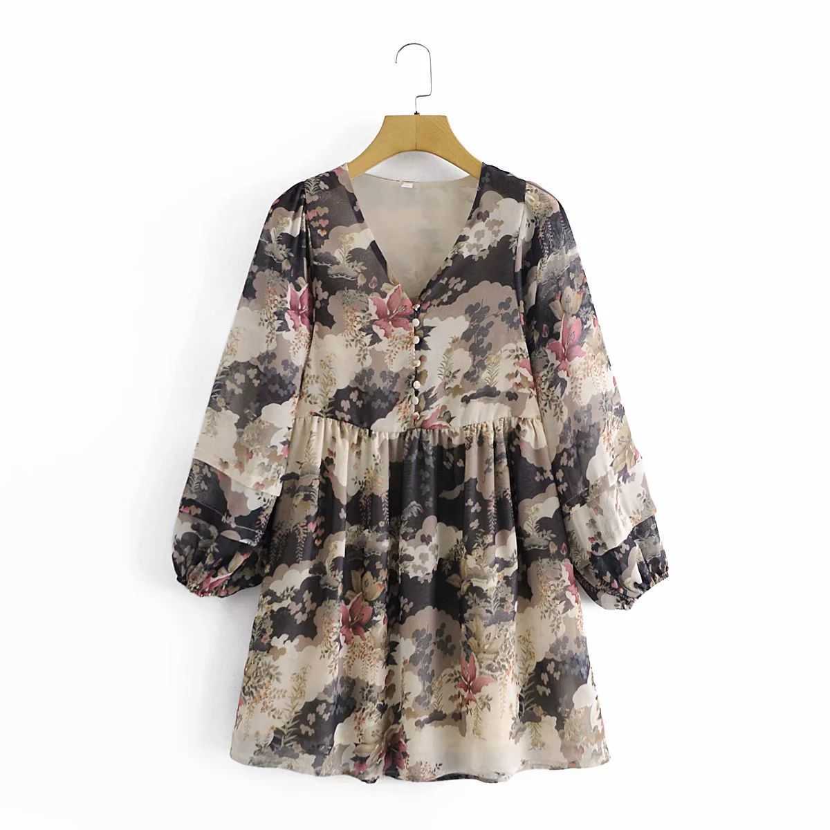 

Women Dress Printed V-neck Long Puff Sleeves Lined Vintage Casual Short Dress Woman Dresses 210709, As picture
