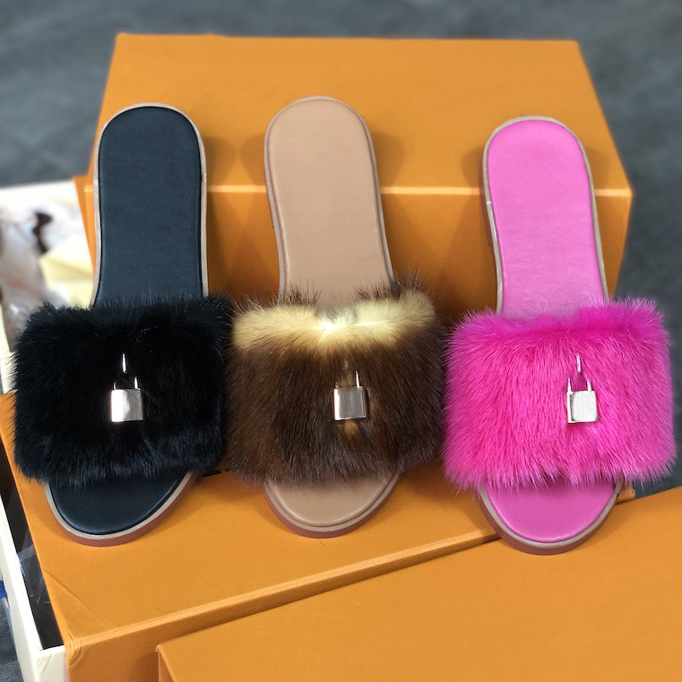 

Lock it Mink Fur Flat Mules Furry Slippers Leather Slides Designers Women slipper winter Flip Flops sandals Best quality 10 colors with Box, Fuchsia