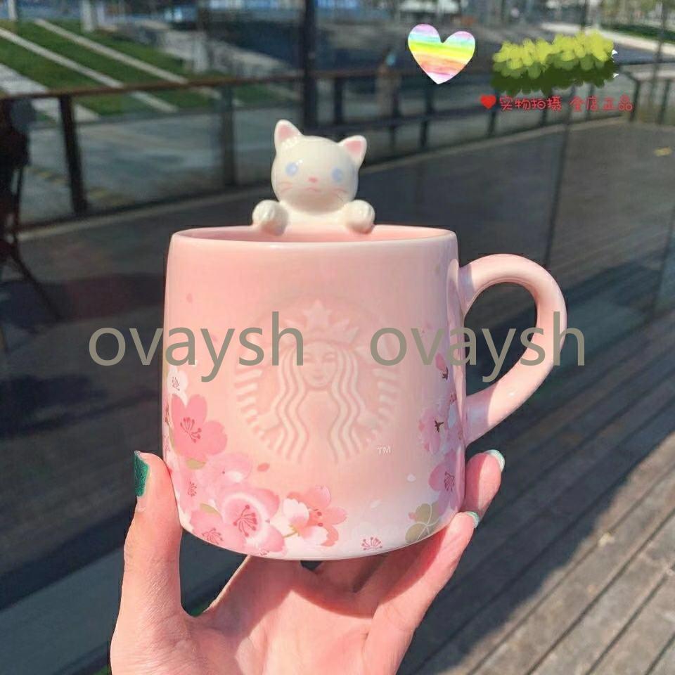 

350ML Sakura Starbucks Cup Luxury Kiss Cups with Spoon Ceramic Mugs Married Couples Anniversary Mermaid Bronze Medallion Gift Products