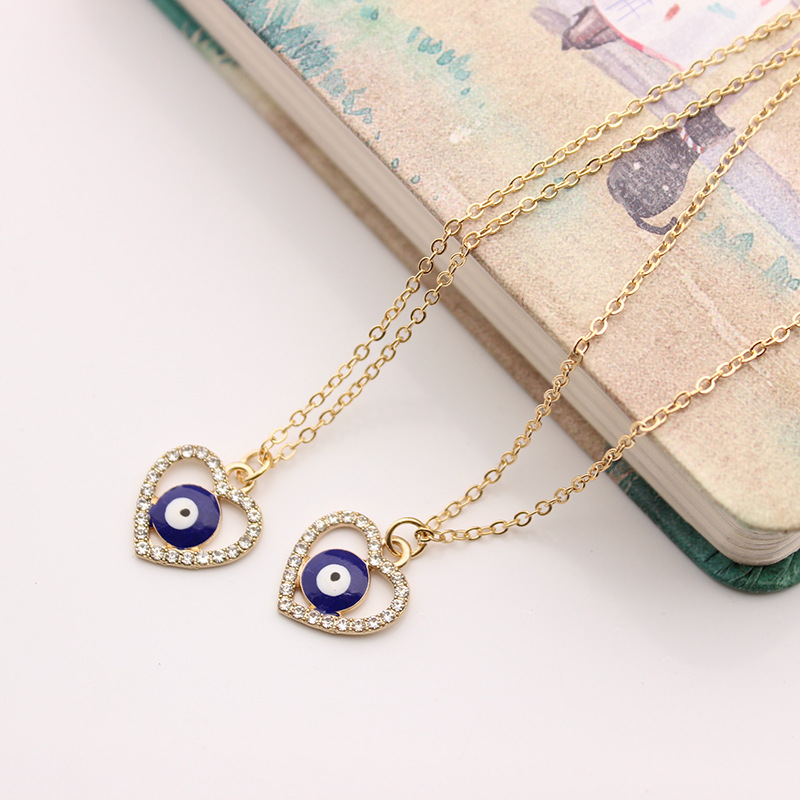 

S2302 Fashion Jewelry Turkish Symbol Evil Eye Necklace Rhinstone Heart Blue Eyes Pendant Necklaces C3