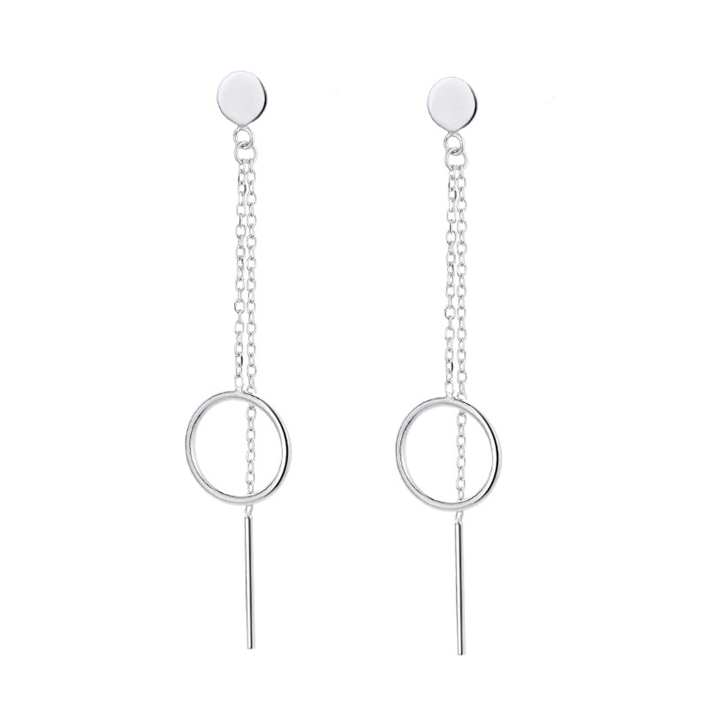 

6.5CM Real Silver Geometric Long Chain Drop Earrings Round Circle Design Elegant Simple 925 Fine Jewelry